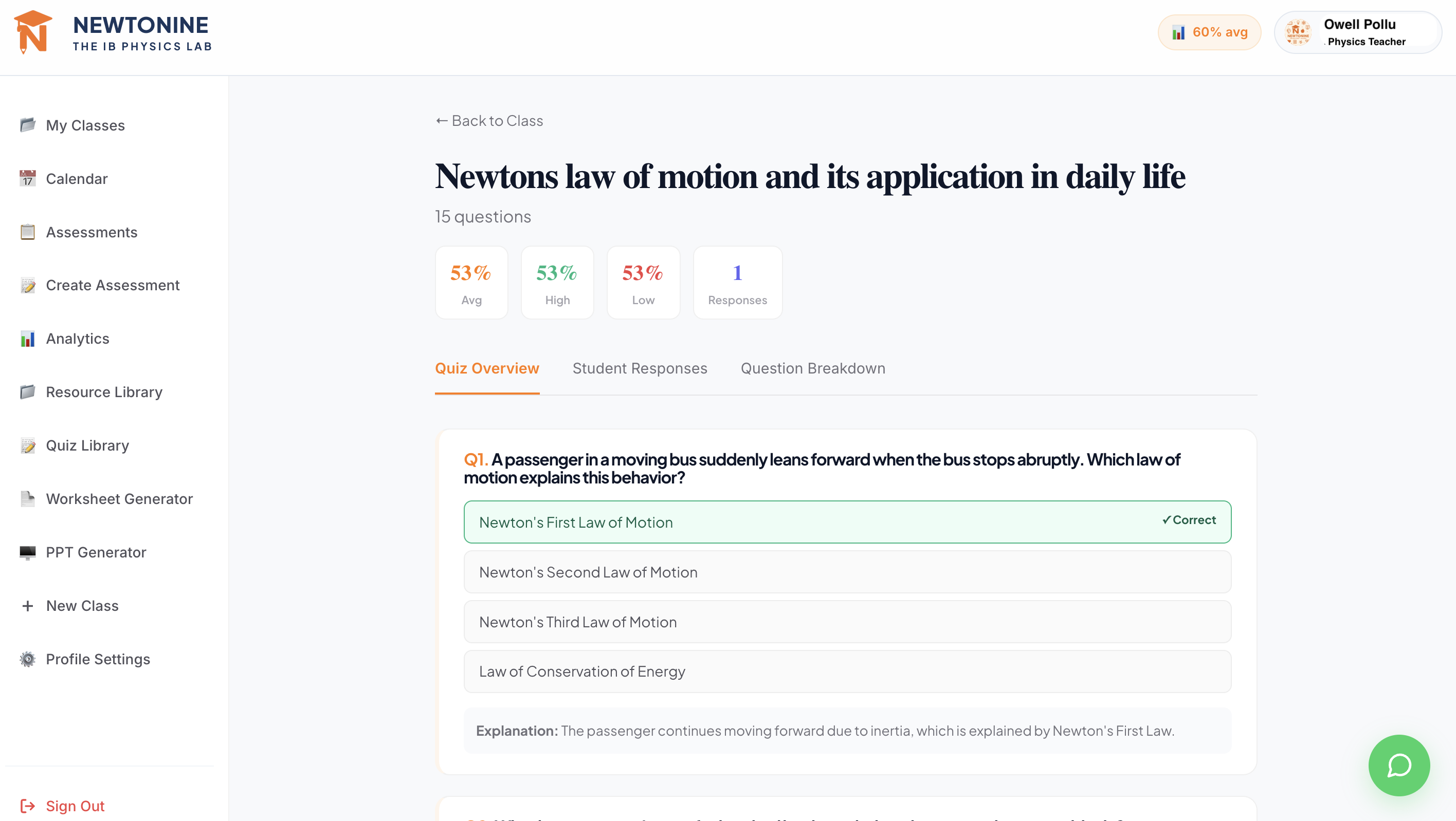 Newtonine LMS Assessment view showing Newton's laws quiz breakdown, scoring percentiles, and verified step explanations