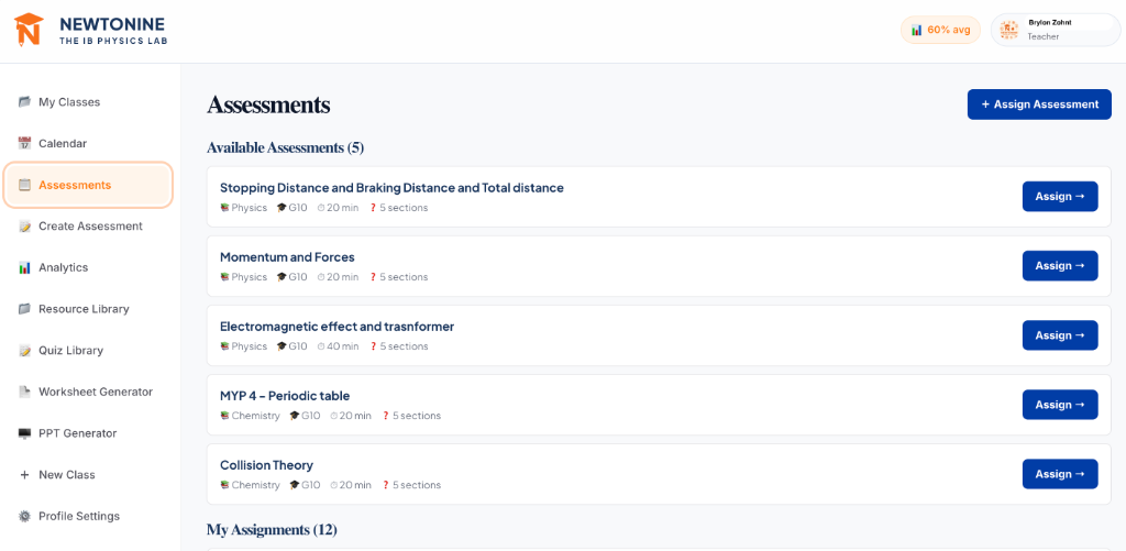 Newtonine Available Assessments dashboard showing topic assignments, durations, sections, and 1-click assignment