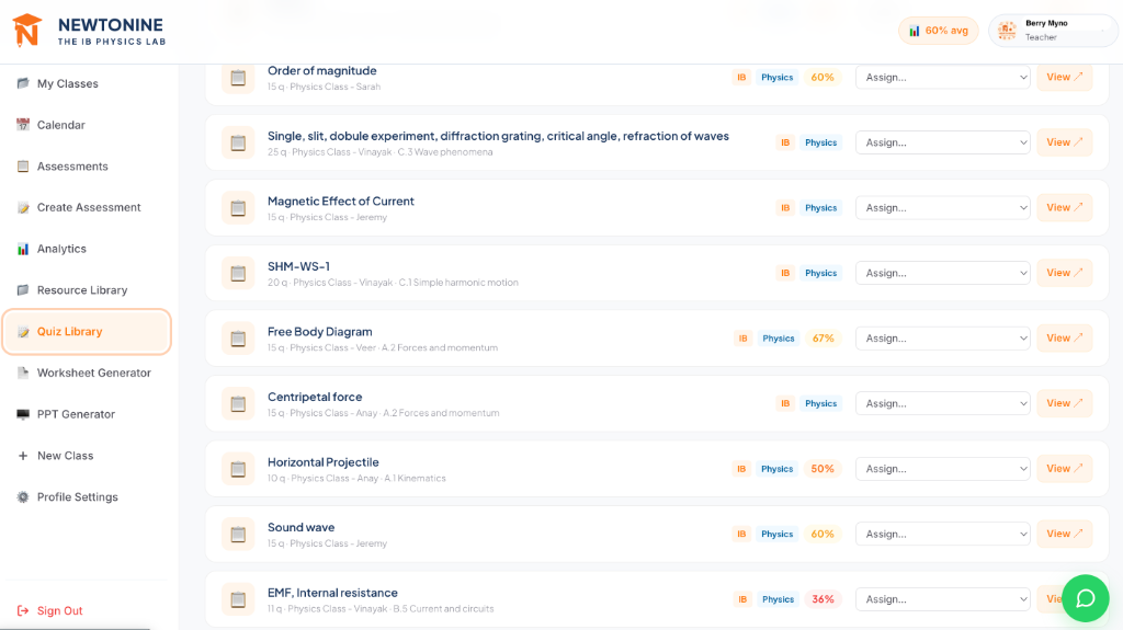 Newtonine Quiz Library list view displaying topic modules, question counts, and class averages